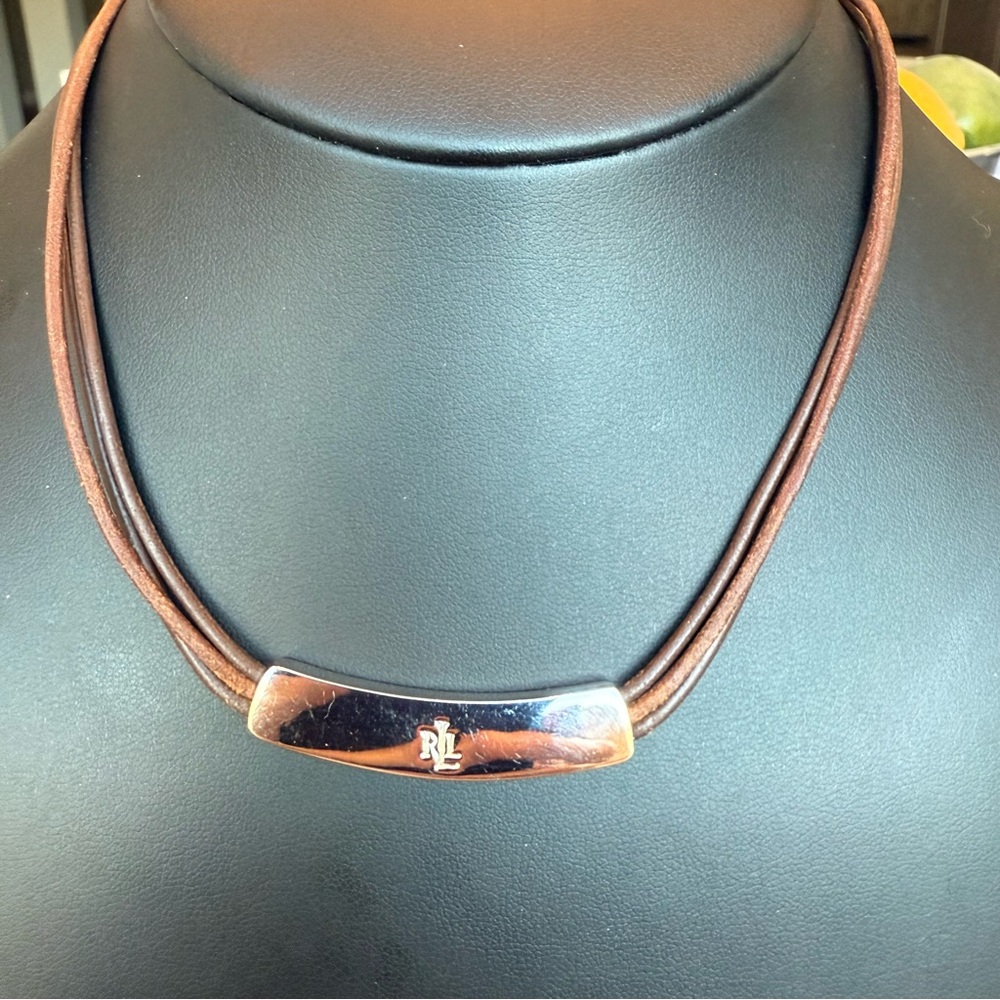 Ralph Lauren Silver Tone and Brown Necklace with Modern Design Bar Slide Pendant